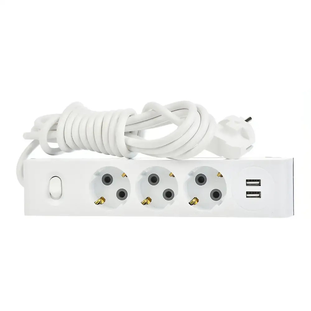 2 USB çıkışlı, Üçlü Çocuk Korumalı Topraklı Anahtarlı Grup Priz 3mt - Günsan