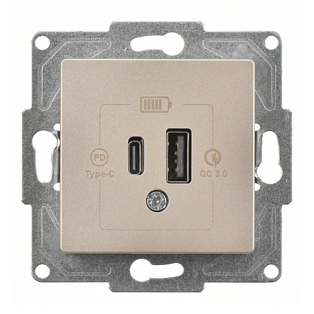Eqona / Radius / Neoline 2 Çıkışlı USB Şarj Prizi, 20W, Type C + Type A, Metalik Bej (Mekanizma + Tuş/Kapak) - Günsan Elektrik
