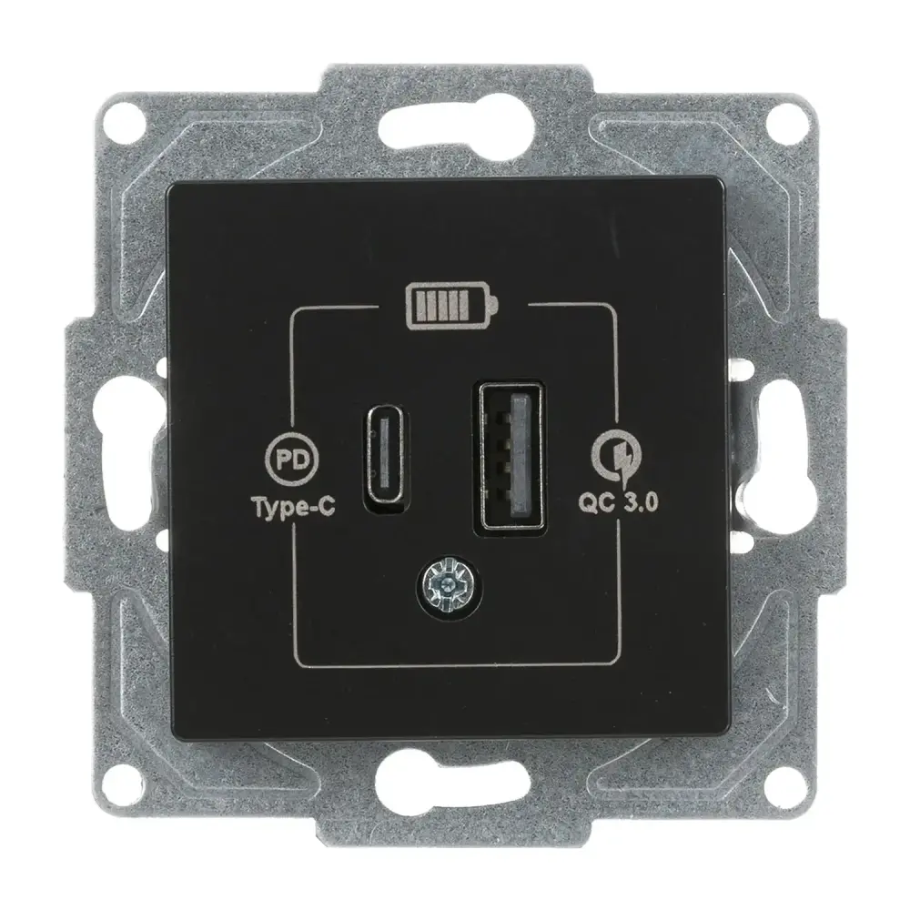 Eqona / Radius / Neoline 2 Çıkışlı USB Şarj Prizi, 20W, Type C + Type A, Metalik Siyah (Mekanizma + Tuş/Kapak) 