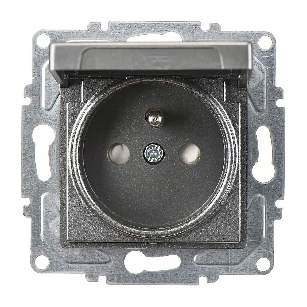 Eqona / Radius / Neoline Çocuk Korumalı Kapaklı UPS Priz, Füme (Mekanizma + Tuş/Kapak) - Günsan Elektrik