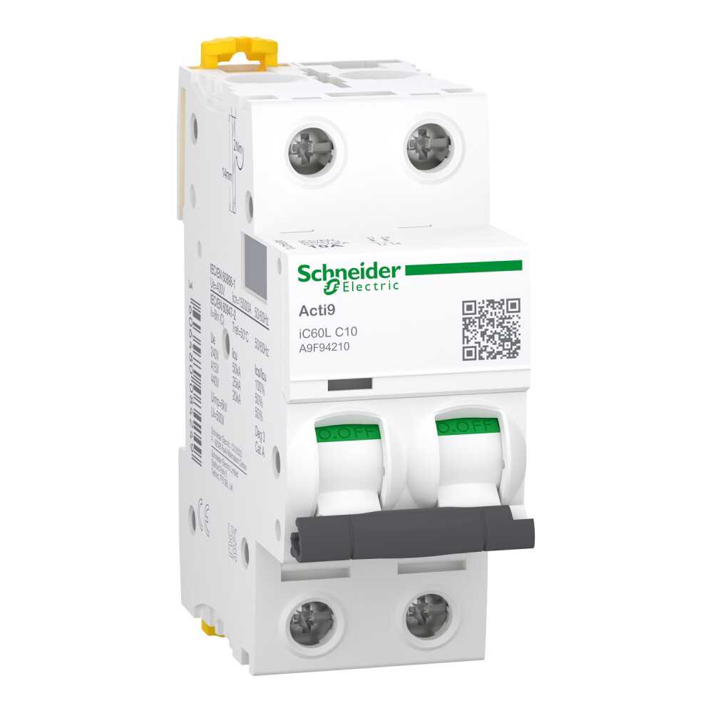 A9F94210 - Miniature circuit breaker (MCB), Acti9 iC60L, 2P, 10A, C curve, 15000A (IEC/EN 60898-1), 25kA (IEC/EN 60947-2). - Schneider Electric