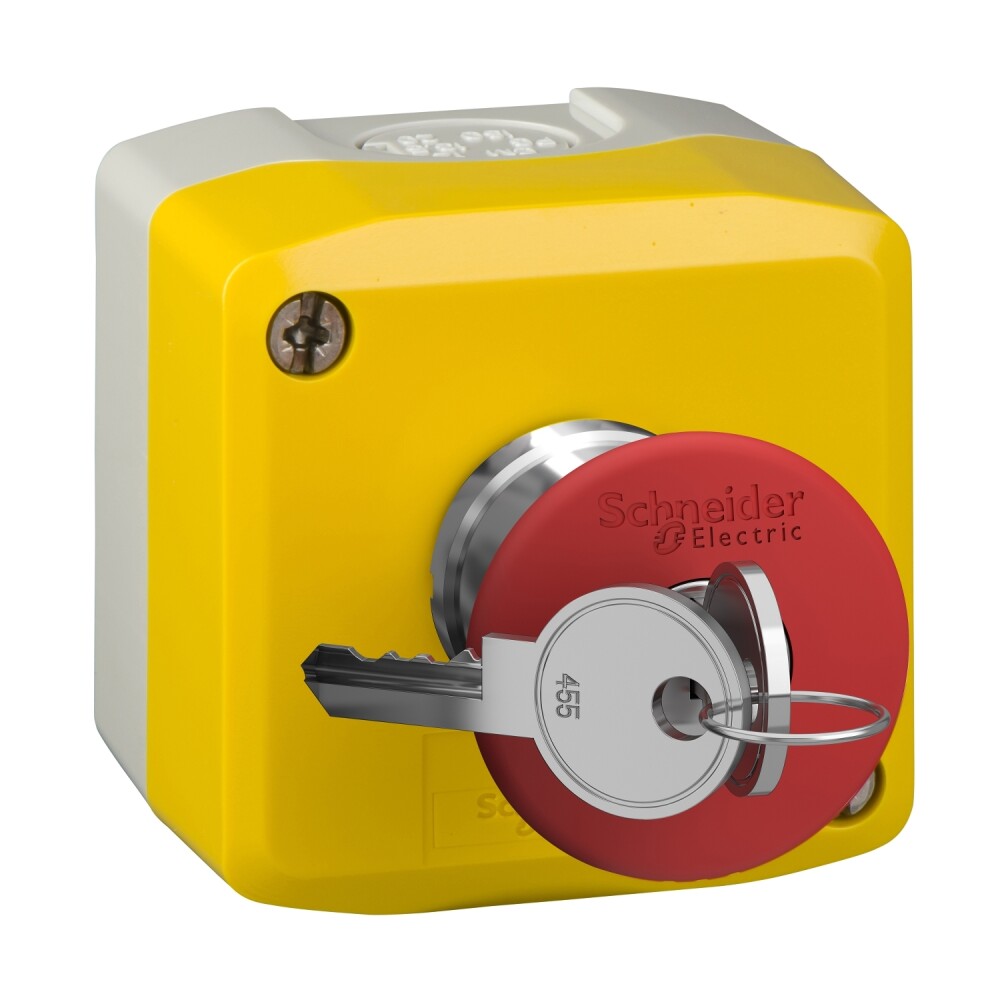 XALK188 - Complete control station, Harmony XALK, XALD, plastic, yellow lid, 1 red mushroom push button 40mm, key release, 1NC. - Schneider Electric