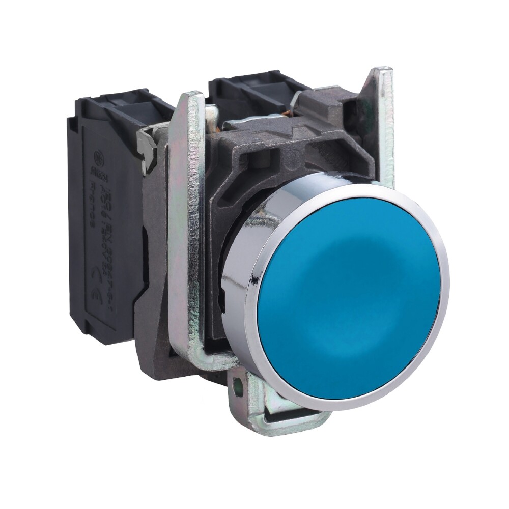 XB4BA61 - Push button, metal, flush, blue, Ã22, spring return, unmarked, 1 NO - 1