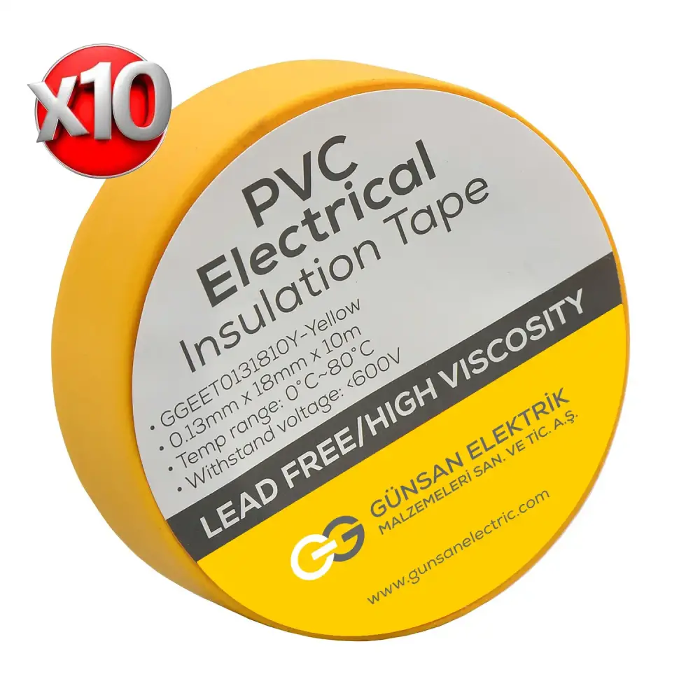 0.13mmX18mmX10m Electrical Tape Yellow - 10 Piece Pack - Günsan