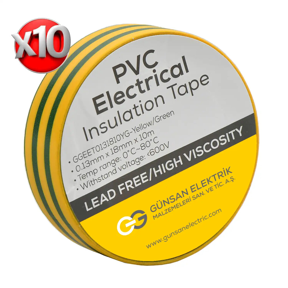 Valta 0.13mmX18mmX10m Elekrik İzolasyon Bandı Sarı/Yeşil - 10'lu Paket - Günsan Elektrik
