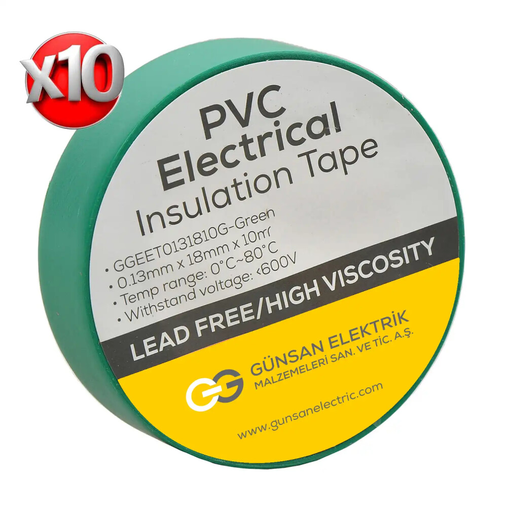 Valta 0.13mmX18mmX10m Elekrik İzolasyon Bandı Yeşil - 10'lu Paket - Günsan Elektrik