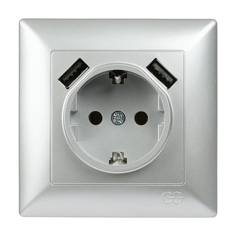 Visage 2 USB Çıkışlı Çocuk Korumalı Topraklı Priz, 5V, 2.4A, Gümüş - Günsan Elektrik