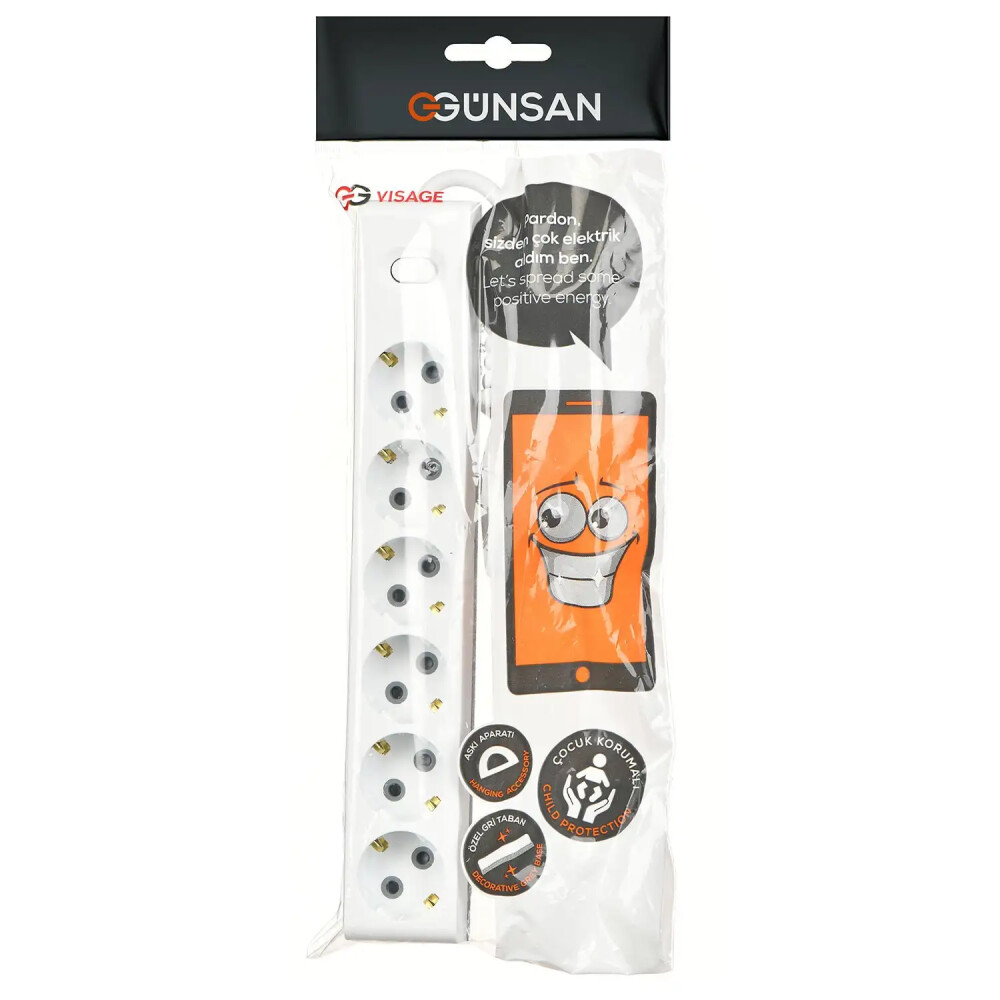 Visage Altılı Çocuk Korumalı Topraklı Anahtarlı Priz 2m, Beyaz - Günsan Elektrik