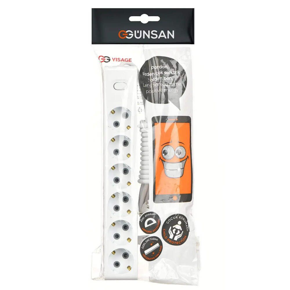 Visage Altılı Çocuk Korumalı Topraklı Anahtarlı Priz 5m, Beyaz - Günsan Elektrik
