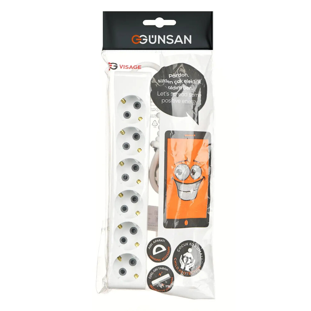 Visage Altılı Çocuk Korumalı Topraklı Priz 2m, Beyaz - Günsan Elektrik
