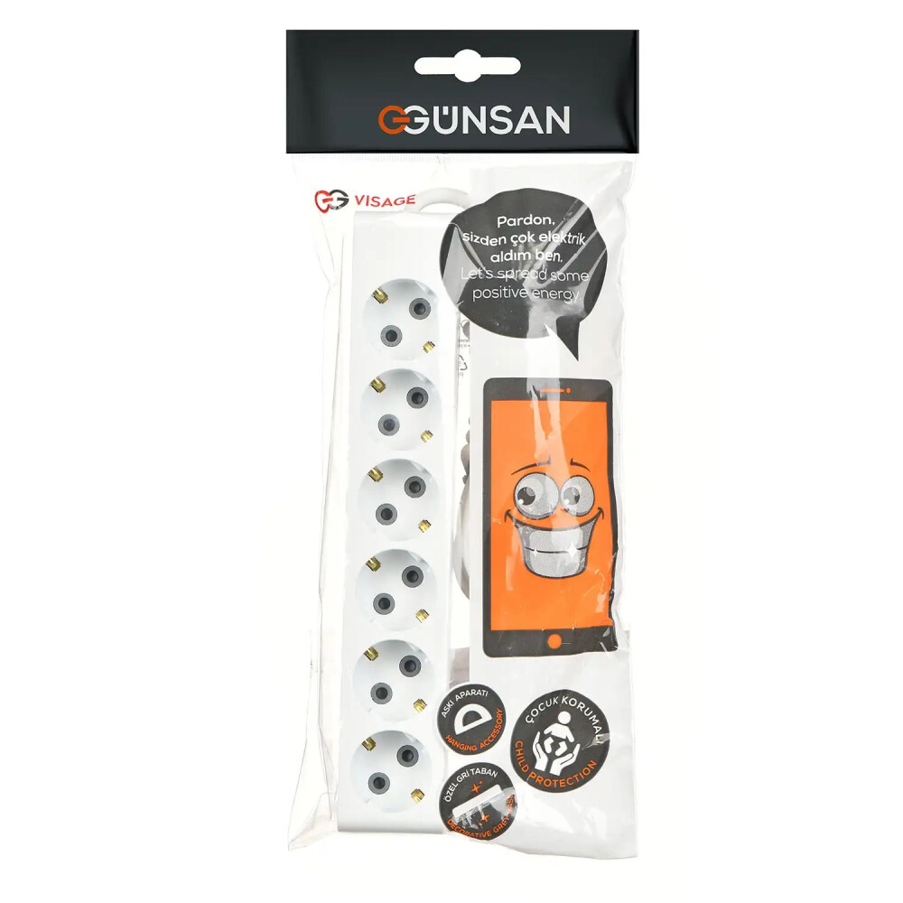 Visage Altılı Çocuk Korumalı Topraklı Priz 3m, Beyaz - Günsan Elektrik