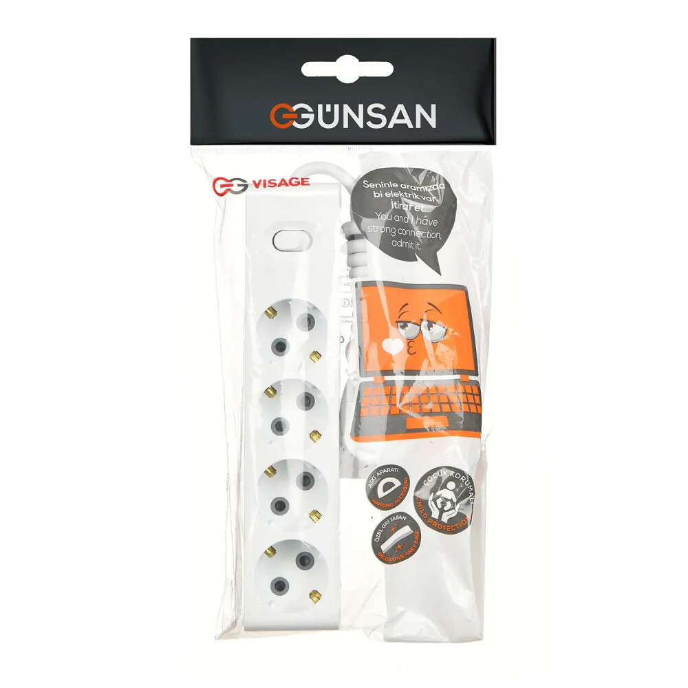 Visage Dörtlü Çocuk Korumalı Topraklı Anahtarlı Priz 2m, Beyaz - Günsan Elektrik
