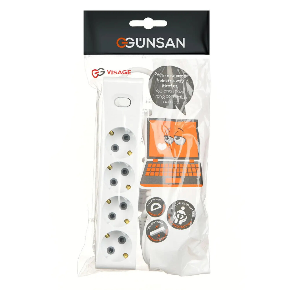 Visage Dörtlü Çocuk Korumalı Topraklı Anahtarlı Priz 3m, Beyaz - Günsan