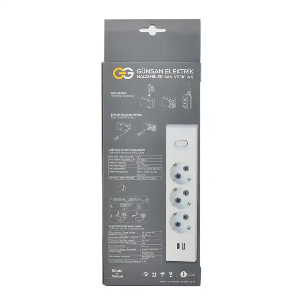 Visage USB + Type C çıkışlı, Üçlü Çocuk Korumalı Topraklı Anahtarlı Priz 3mt, Beyaz - 2